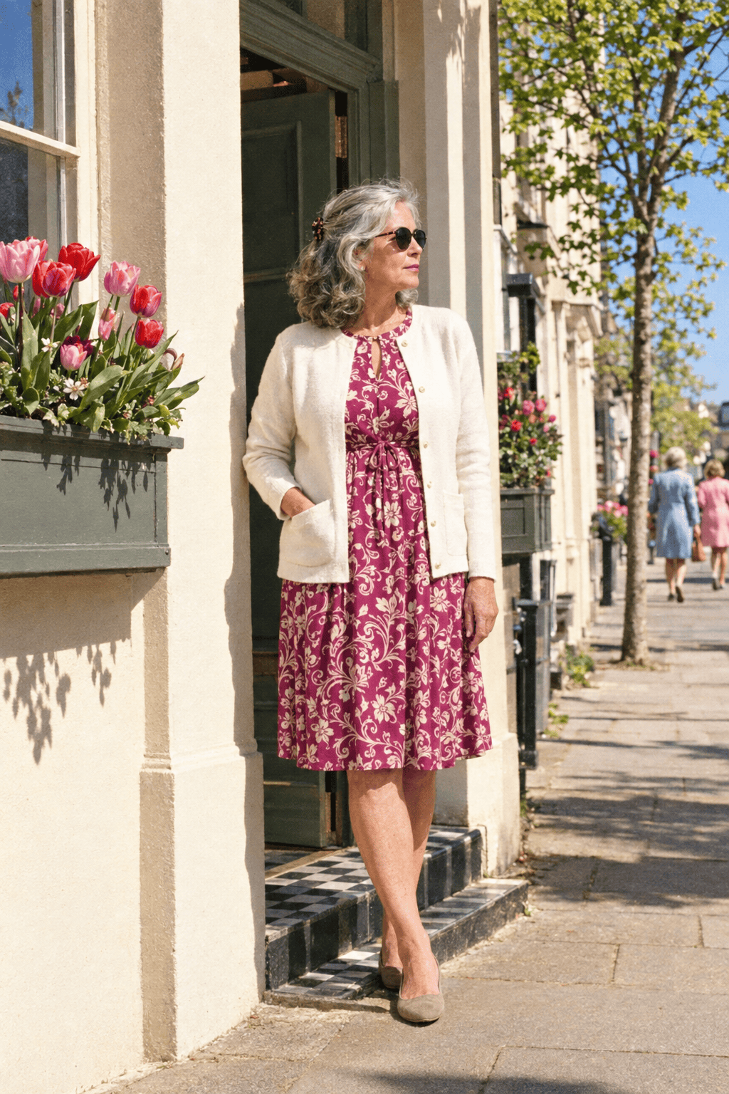 afternoon tea birthday outfit for a woman in her 70s: magenta-berry print elbow-sleeve knee-length dress, ivory cashmere cardigan and nude suede flats