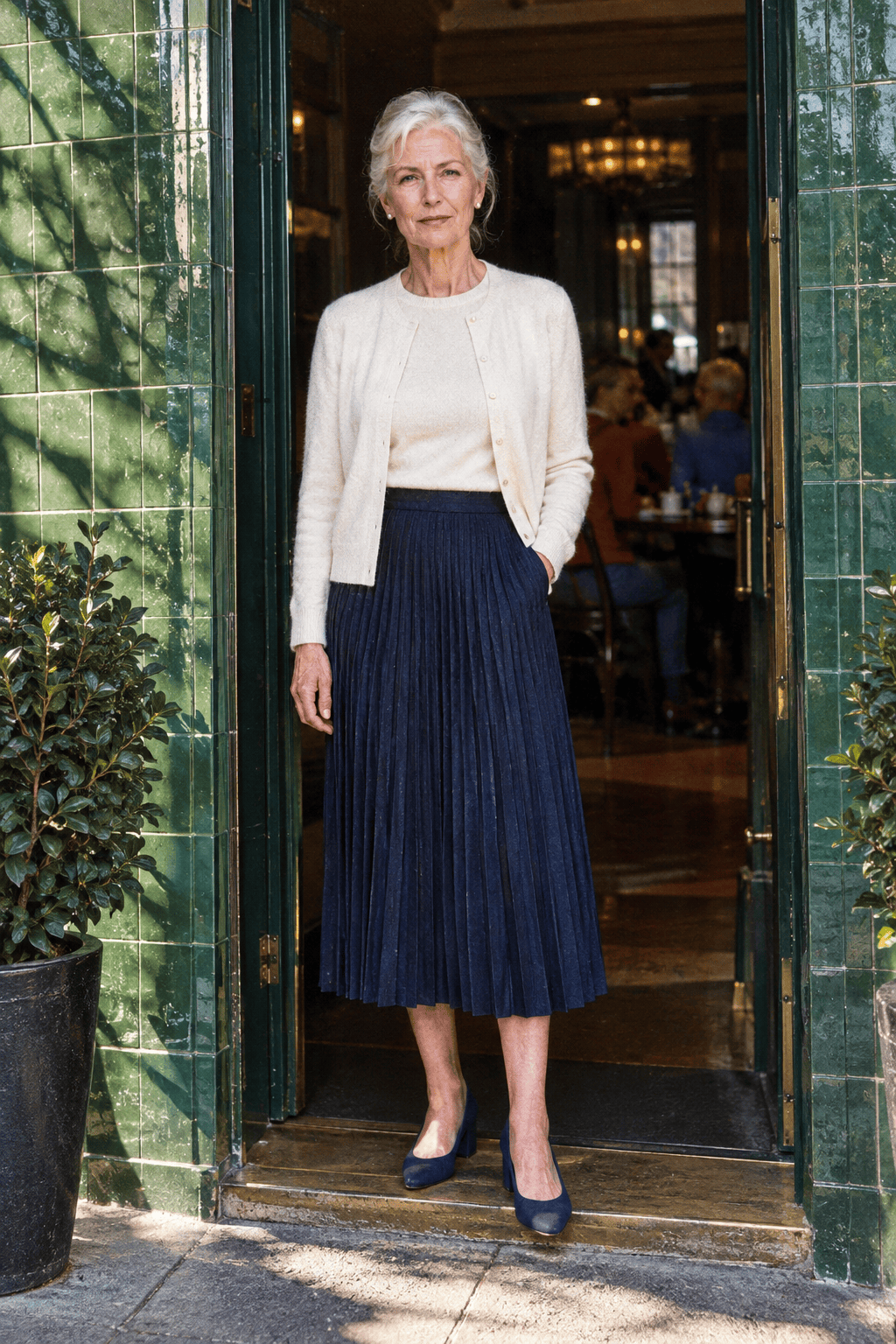 hotel tea room lunch outfit for women in their 70s: ivory cashmere cardigan over an ivory cashmere tee, navy pleated midi skirt and navy block-heel pumps