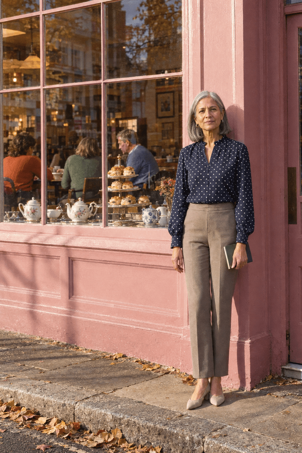 petite lunch outfit for a woman in her 70s: navy polka dot funnel-neck blouse, taupe ankle trousers and pale greige suede block-heel pumps