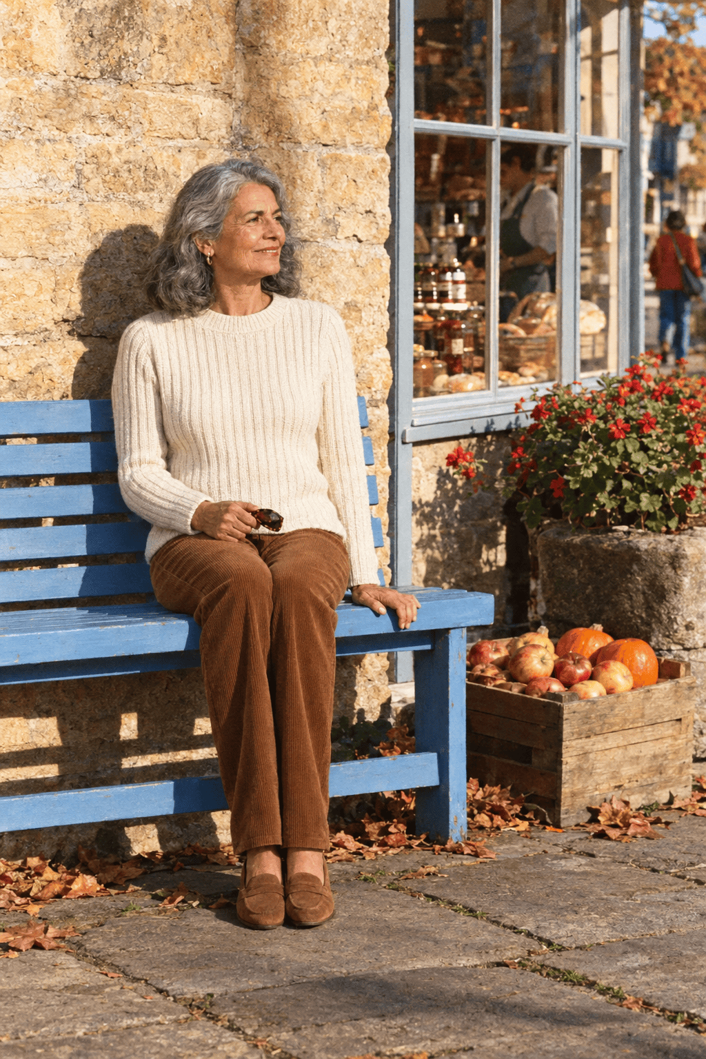 elegant Sunday lunch outfit for a woman in her 70s: ivory cotton fisherman-rib sweater, warm cinnamon-brown corduroy trousers and cognac suede loafers