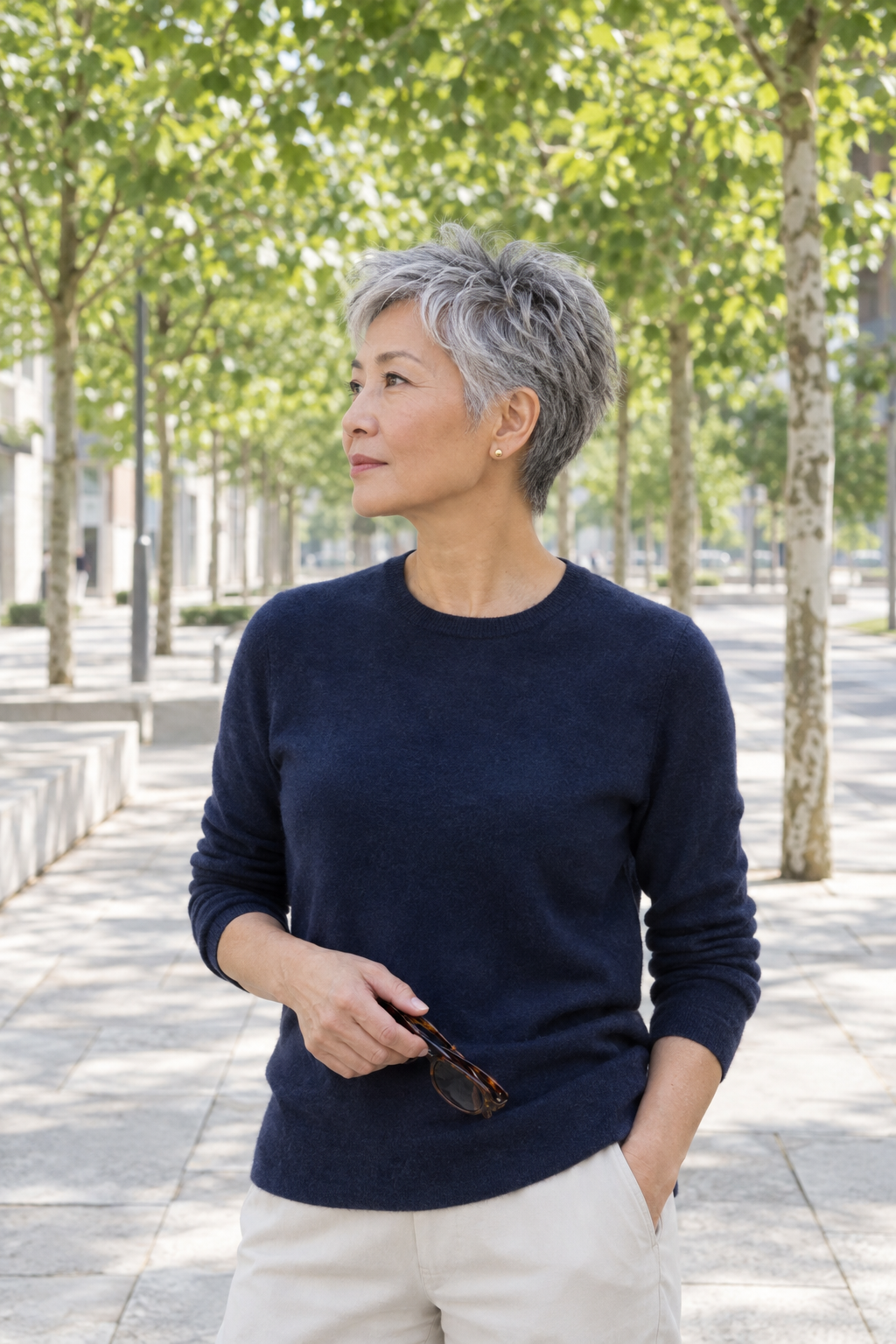 short hairstyles for women over 60: soft textured silver pixie with piecey top and tapered sides