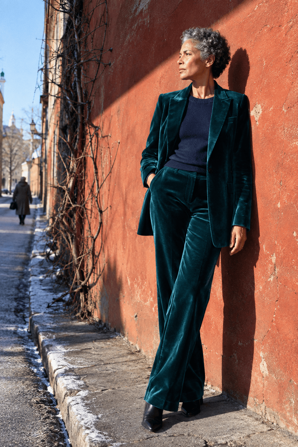 mother of the groom winter wedding pantsuit: deep teal velvet longline blazer and matching full-length velvet trousers with a navy cashmere shell and black pumps