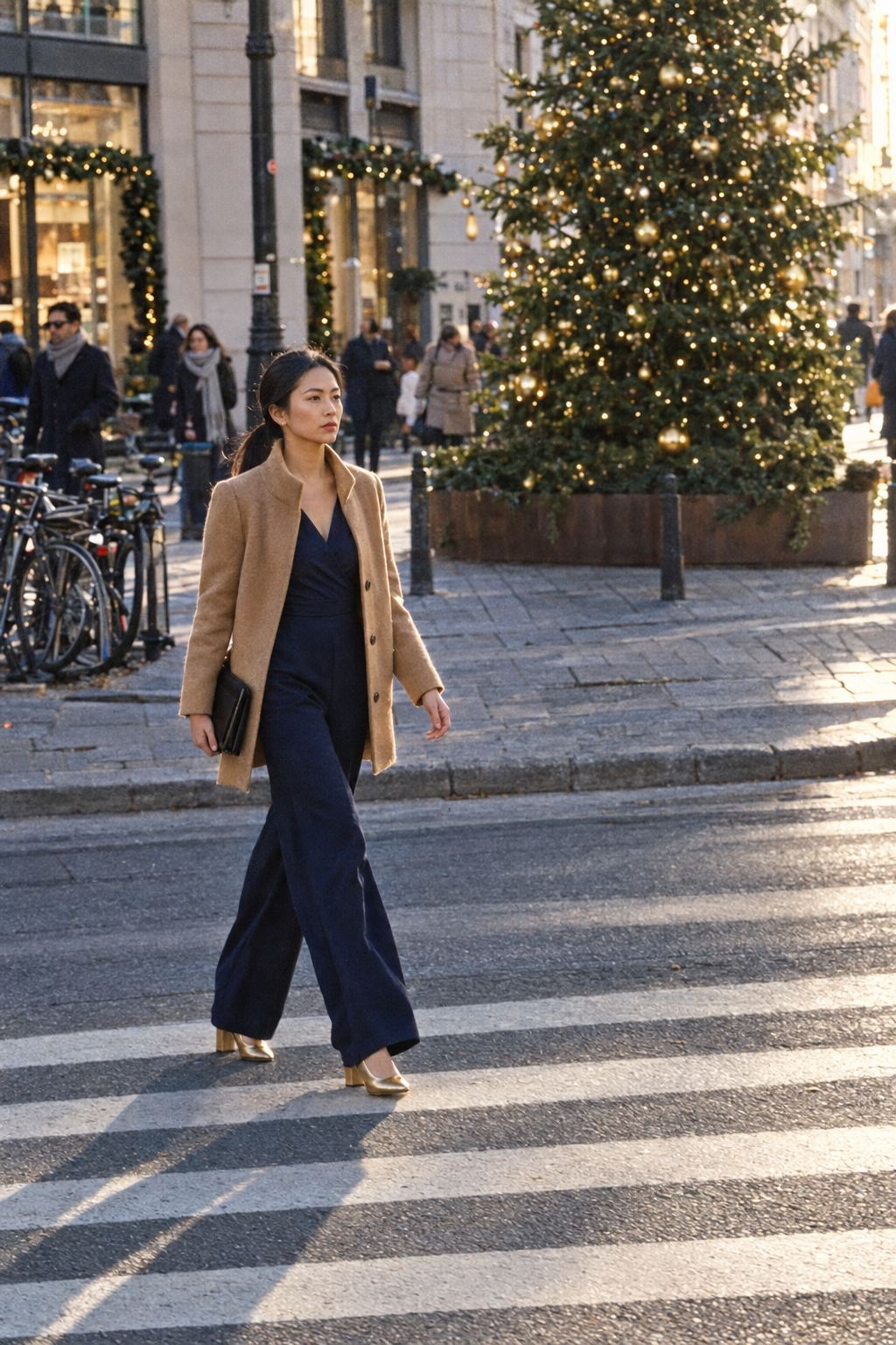 elegant christmas cocktail party outfit: navy crepe wide-leg jumpsuit with three-quarter bell sleeves, soft gold block-heel pumps and a camel wool coat