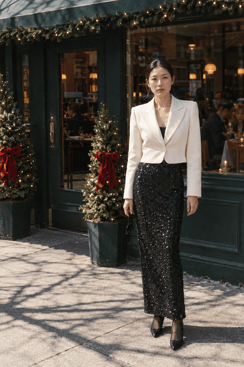 black sequin skirt outfit for New Year's Eve: black sequin maxi skirt, cropped cream tuxedo blazer and black pointed pumps