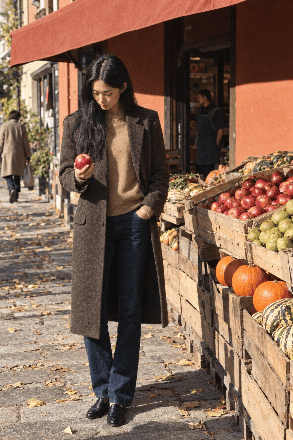 Massimo Dutti wool coat review: woman wearing a long dark brown wool coat over a camel sweater