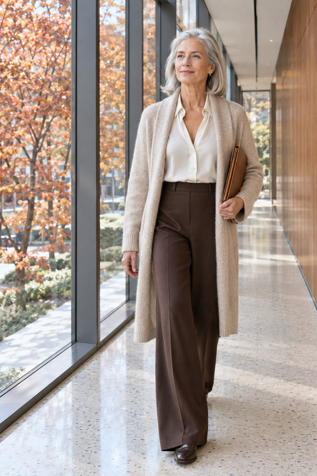 polished office outfit for women over 60: ivory silk shirt, espresso wide-leg trousers and a long oatmeal cashmere duster cardigan