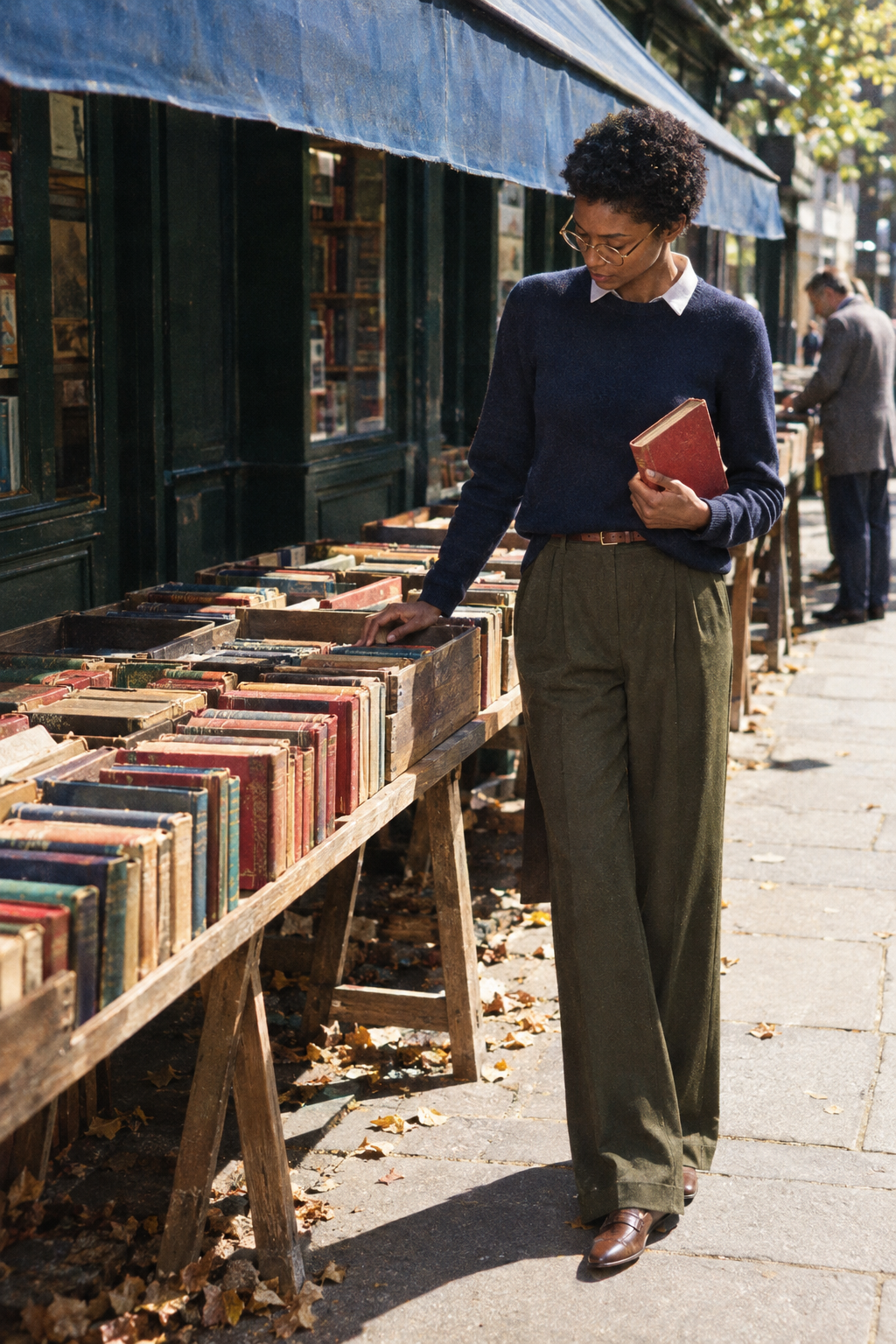 Old money clothing brands for women: J.Crew navy cashmere sweater and dark green wool trousers