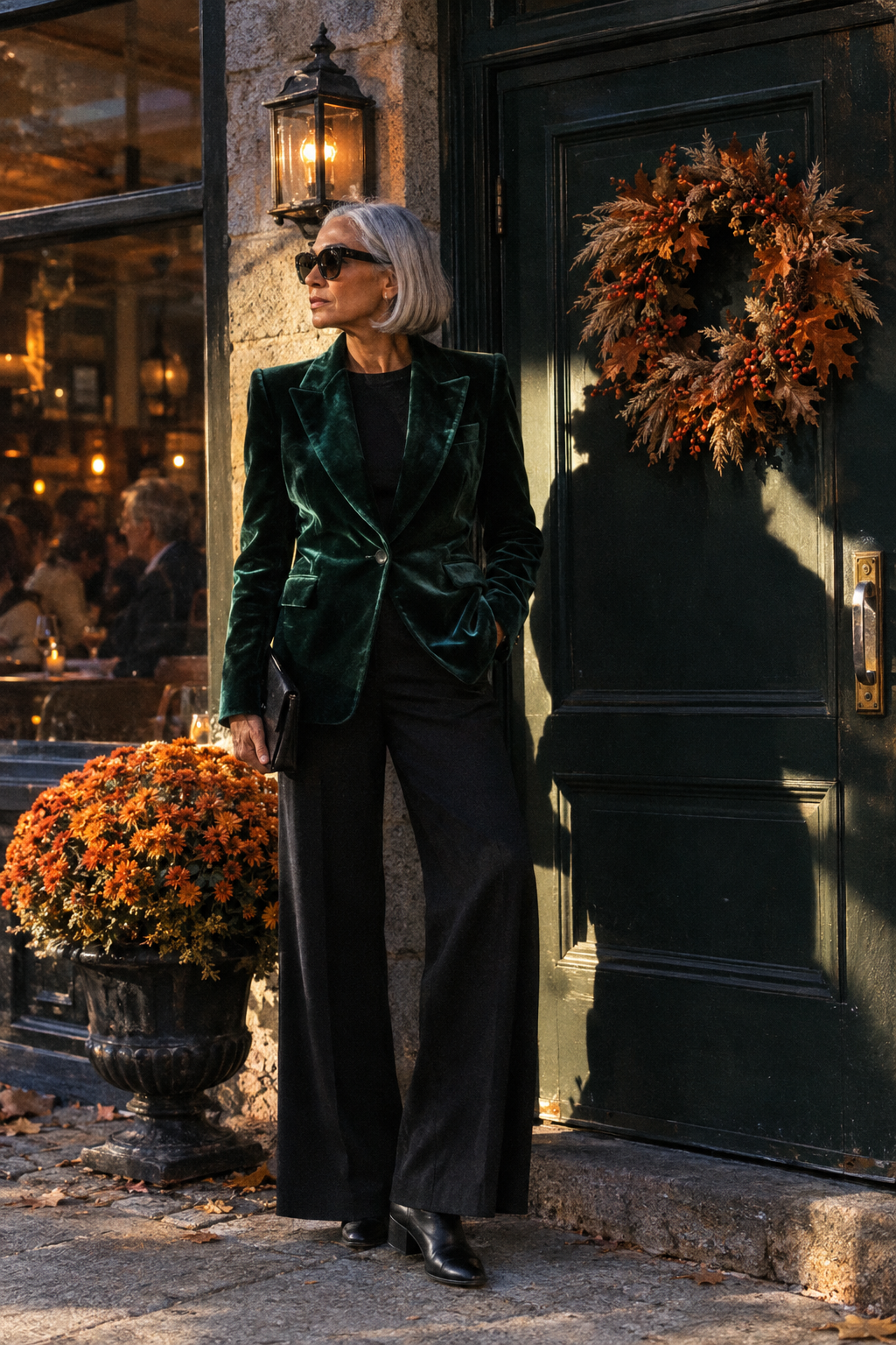 elegant thanksgiving outfit for women over 60: midnight emerald velvet blazer, black wide-leg pants and ankle boots
