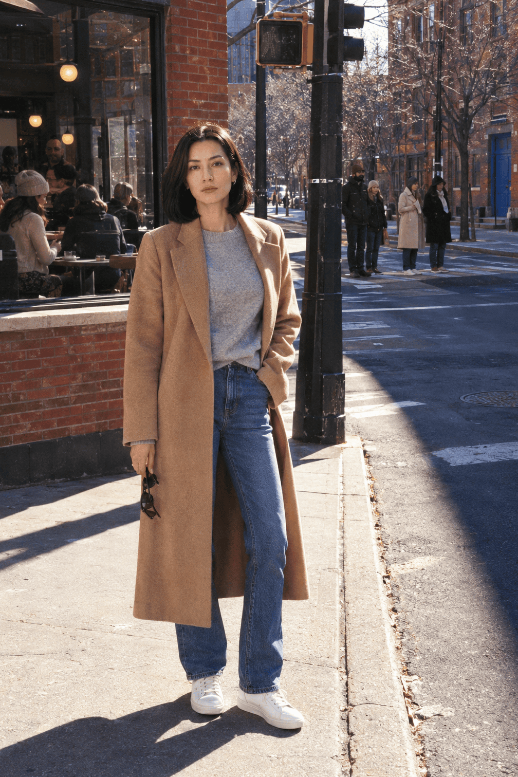 casual winter outfit: long camel wool coat worn open, heather grey cashmere sweatshirt, mid-blue jeans and white leather sneakers
