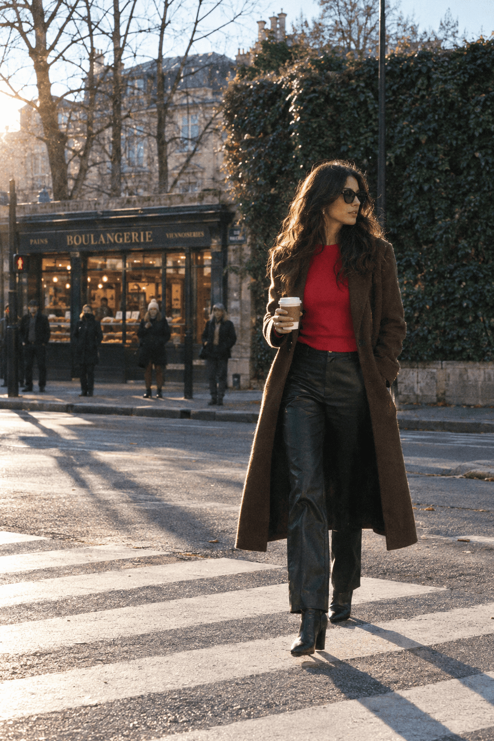 winter date night outfit: red merino sweater, black faux leather pants, pointed black booties and a dark camel wool topcoat