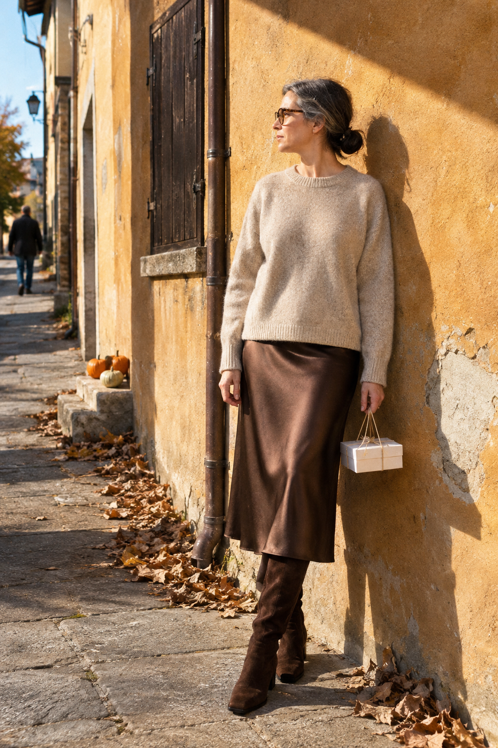 Friendsgiving dinner outfit: chocolate brown silk midi skirt, oatmeal cashmere crewneck and dark brown knee boots