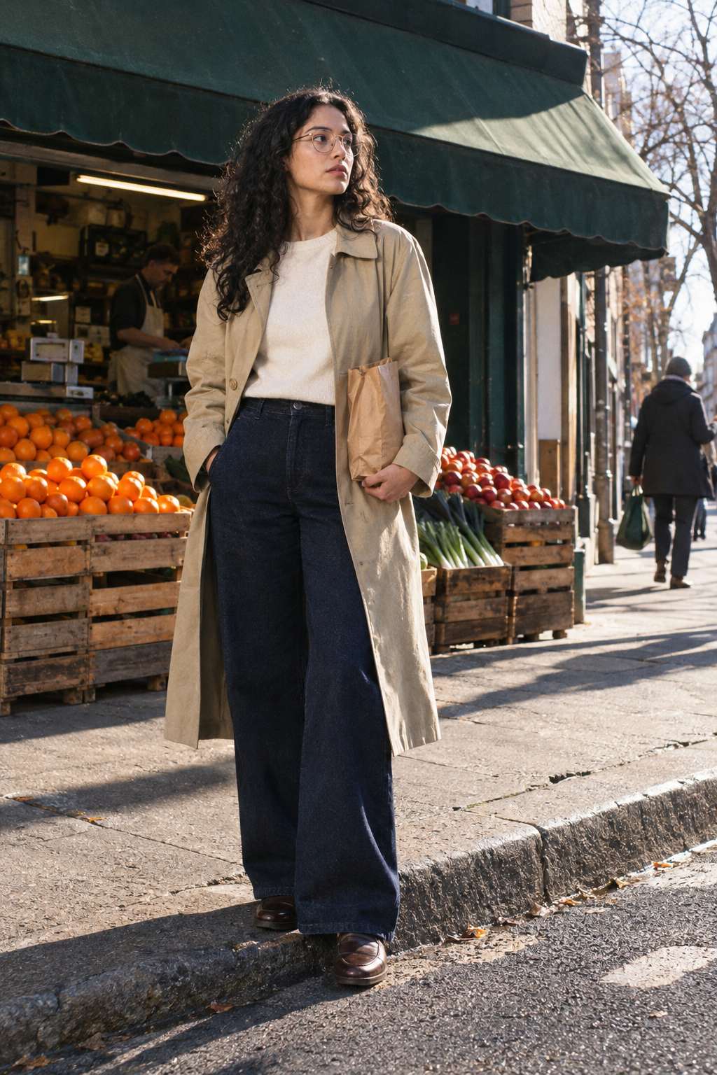 old money habit of dressing for where you're going: light khaki trench coat, navy wide-leg jeans and cocoa brown penny loafers