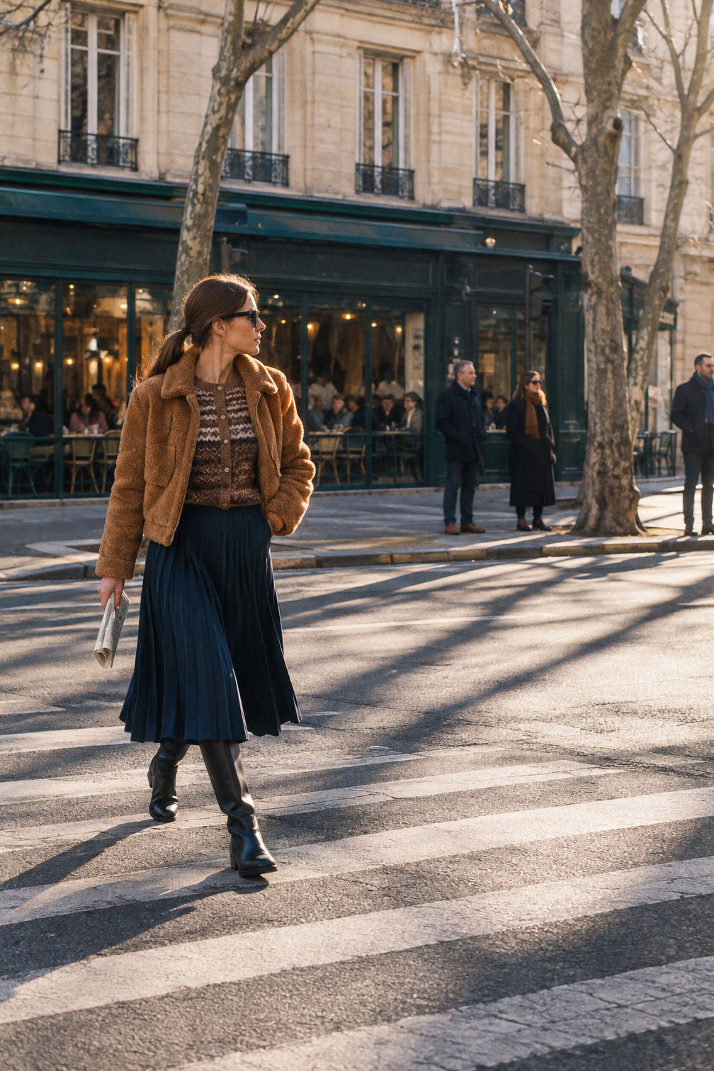 winter dinner outfit: chestnut Fair Isle sweater, navy pleated midi skirt, black knee-high boots and a cognac faux shearling jacket