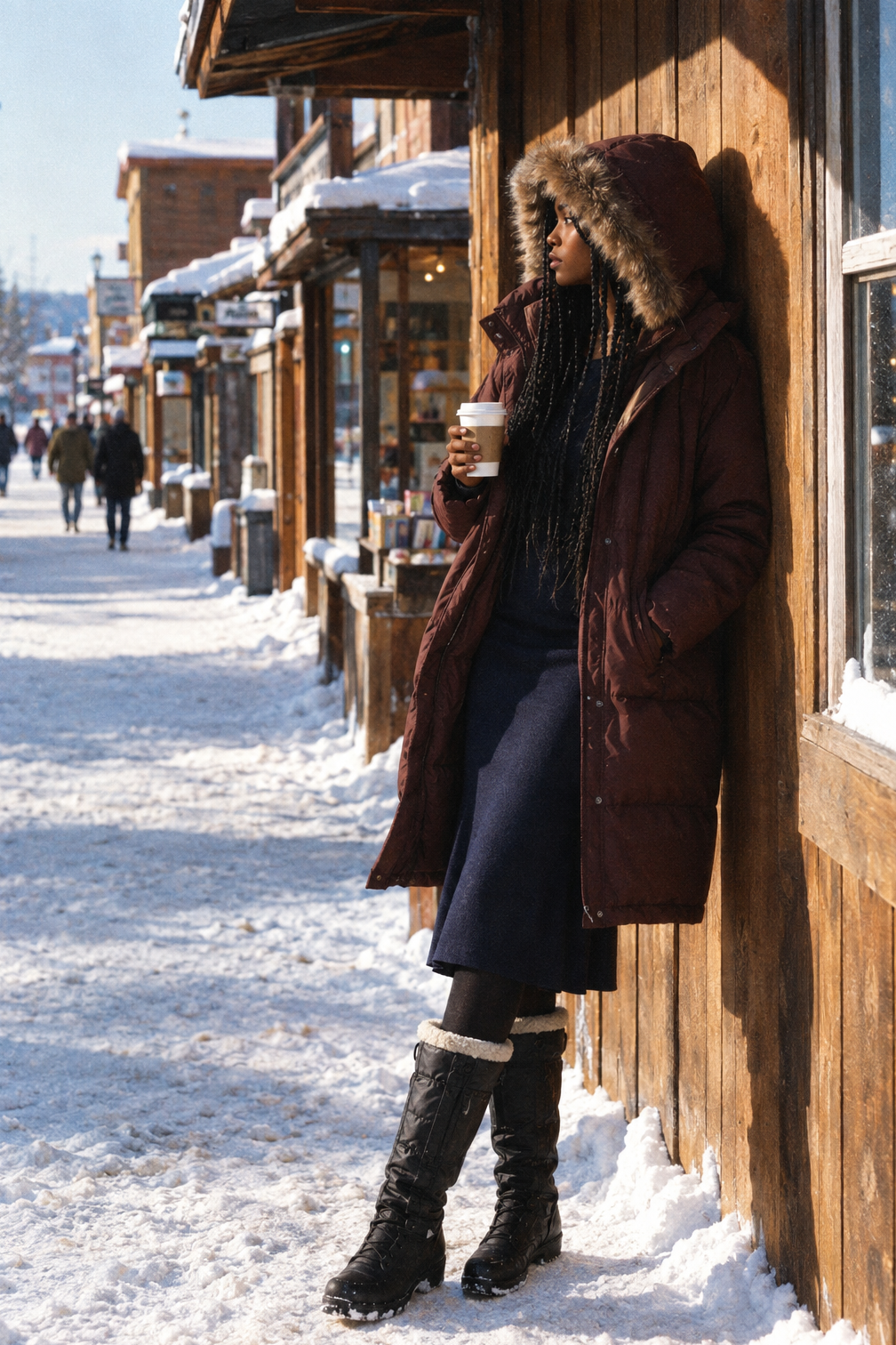 snow outfits for women: mahogany brown long down parka with faux-fur hood, navy merino midi skirt, black fleece-lined tights and tall black pac boots on a snowy cabin town street