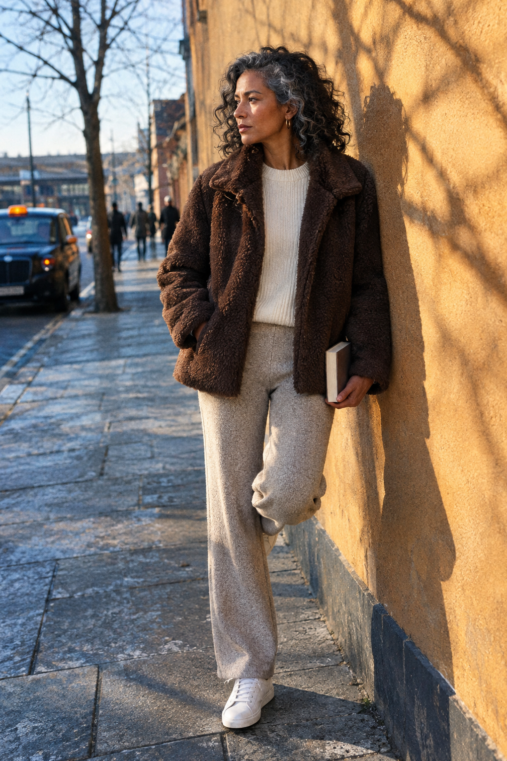 cozy winter airport outfit: chocolate brown faux shearling short coat over an ivory ribbed crewneck and oatmeal knit trousers