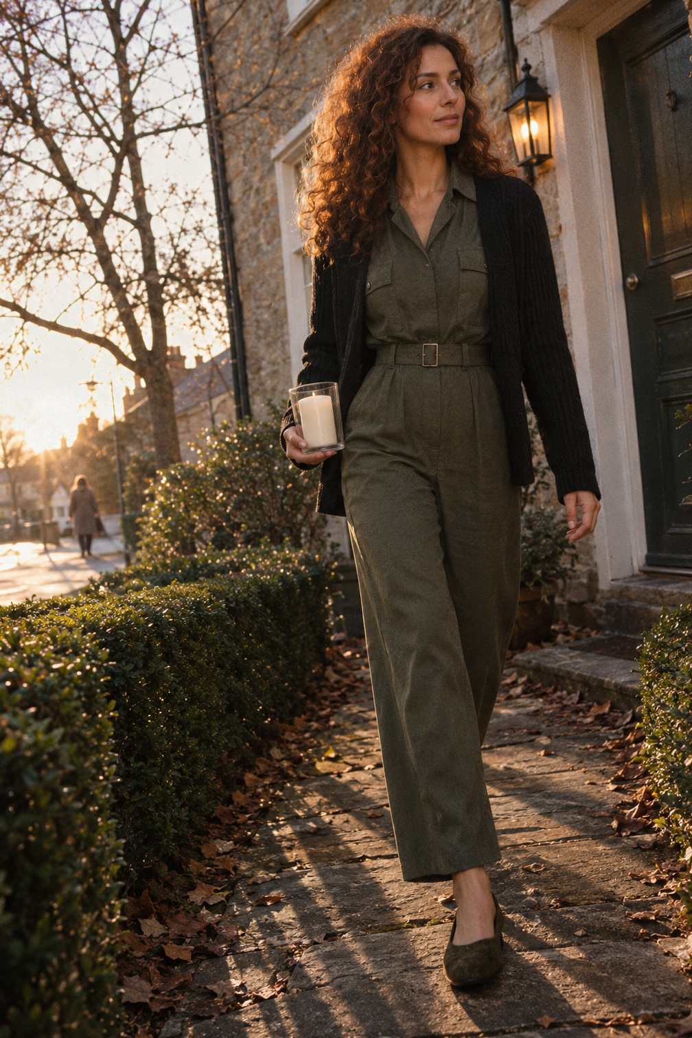 dinner party outfit ideas for hosting: belted olive long-sleeve jumpsuit with a black cardigan and dark olive suede flats