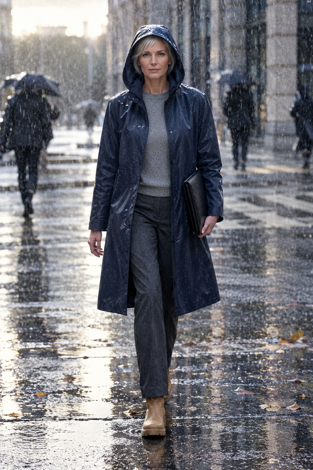 rainy day work outfit for a downpour: navy rubberized hooded raincoat, charcoal ponte trousers and tan waterproof lug-sole Chelsea boots