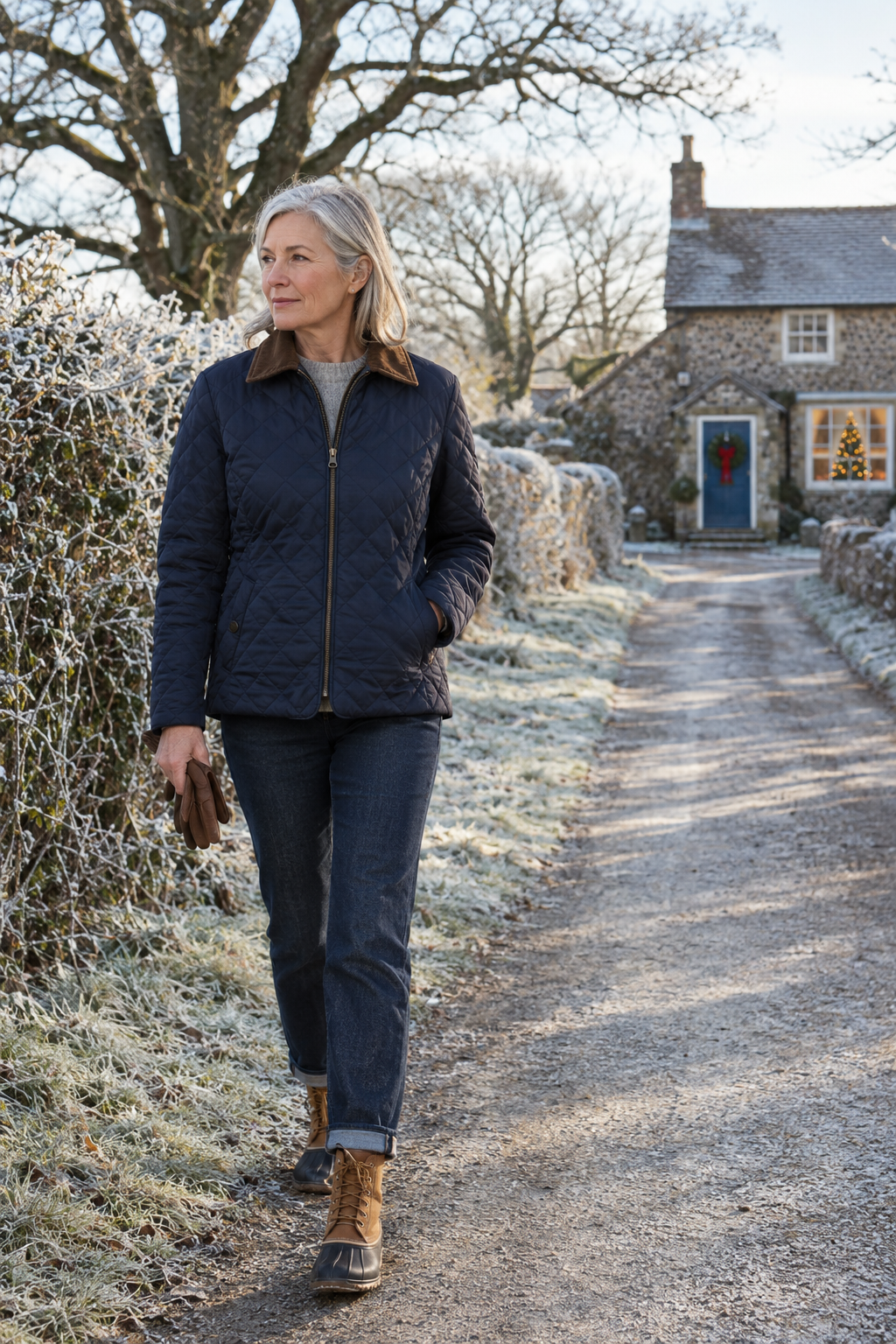 christmas afternoon walk outfit for women over 60: navy quilted jacket, grey cashmere crewneck, dark straight jeans and tan duck boots