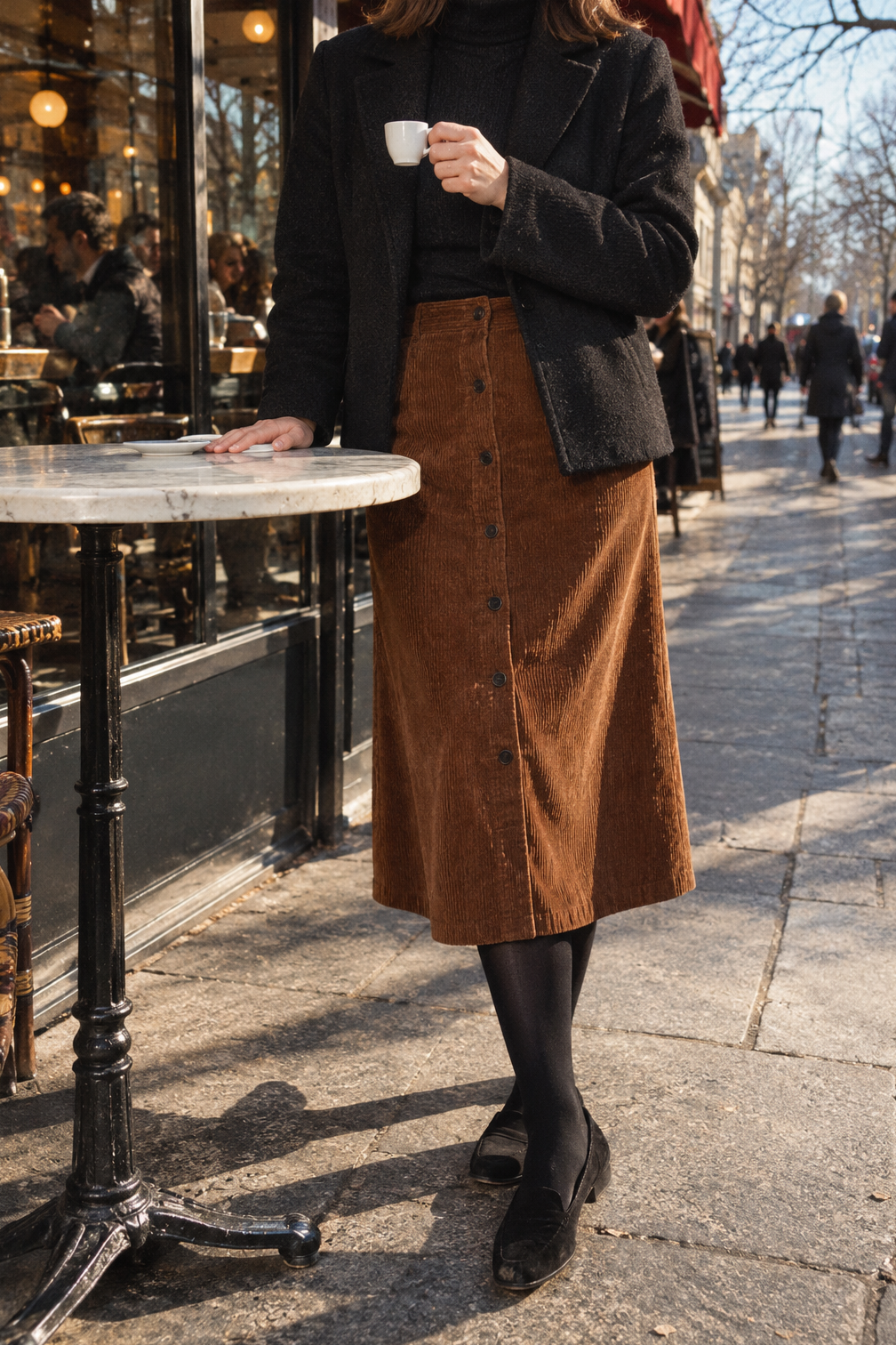 how to style black loafers in winter with opaque black tights, a brown corduroy midi skirt and black suede loafers