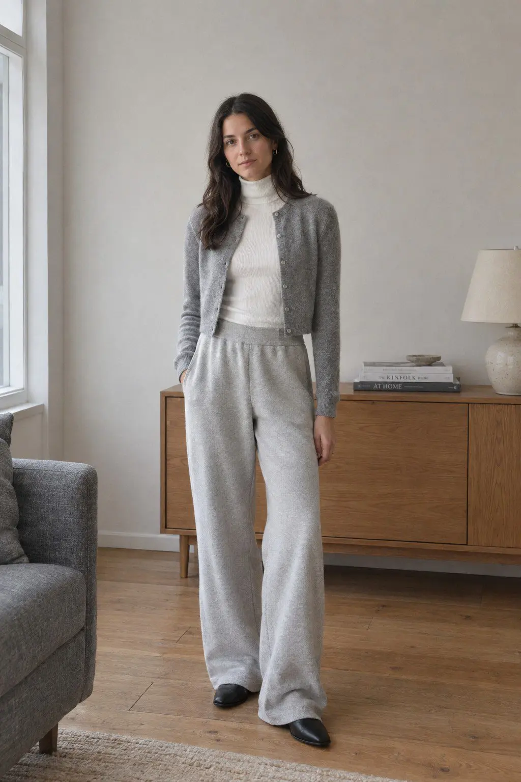elegant loungewear outfit: white ribbed turtleneck and heather grey wide-leg sweatpants under an open cropped cashmere cardigan
