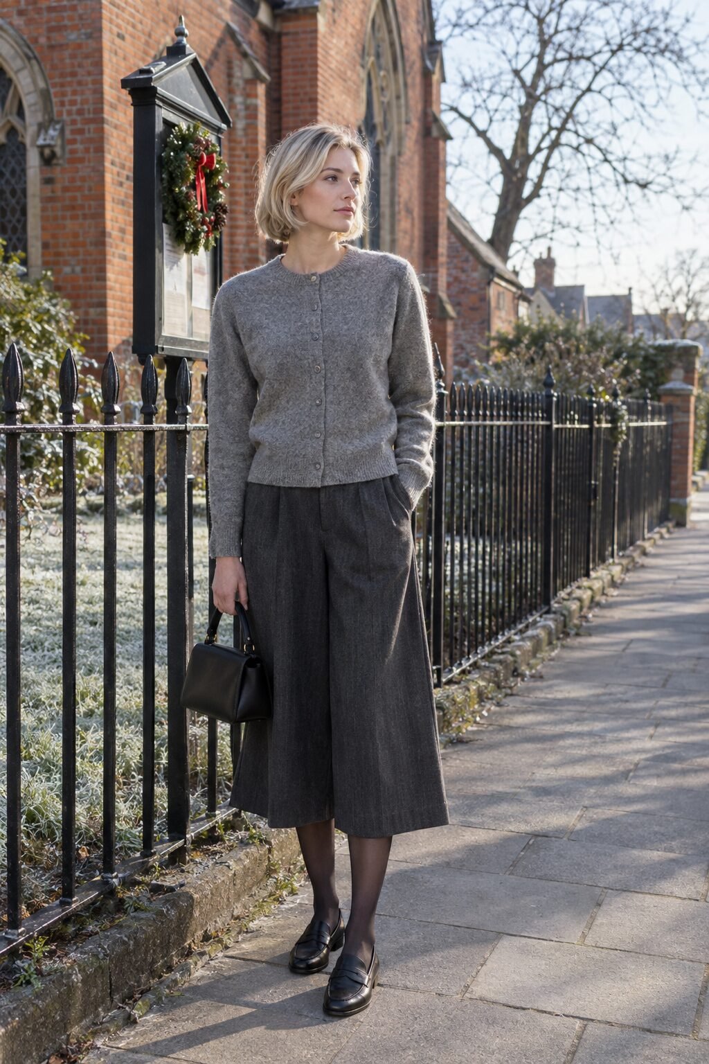 understated christmas church outfit: gray wool button cardigan with dark gray pleated culottes and black leather loafers