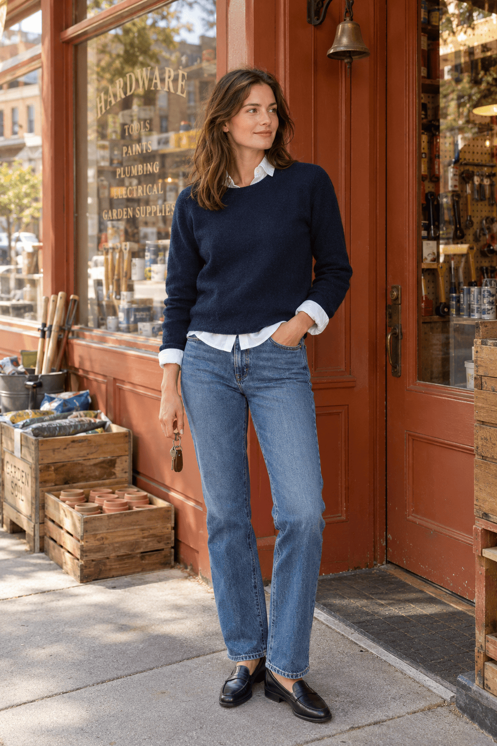 cool-weather linen outfit: white linen shirt layered under a navy cashmere crewneck with jeans and penny loafers