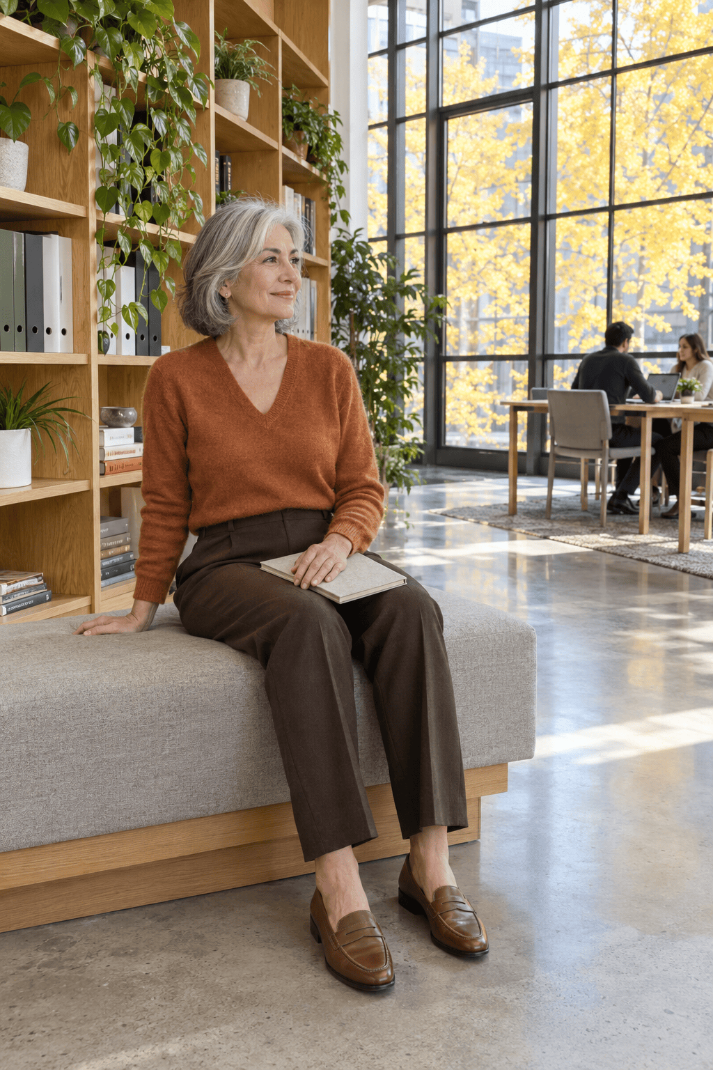how to dress petite over 60: ginger cashmere V-neck tucked into espresso wide-leg ankle pants with pecan penny loafers