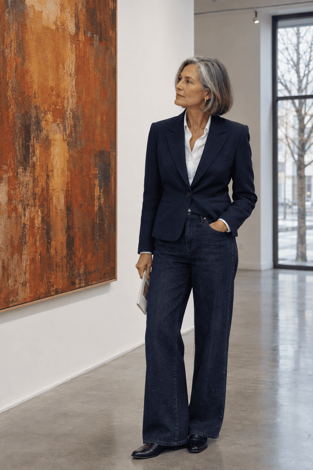 structured navy blazer for women over 60 worn over a fine knit and dark straight-leg jeans