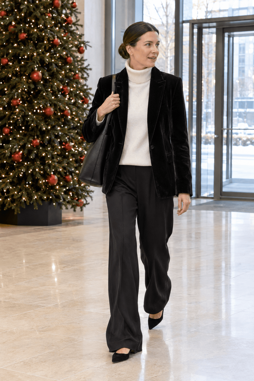 office holiday lunch outfit: black velvet blazer over a white cashmere turtleneck with black wide-leg trousers and black suede slingback flats