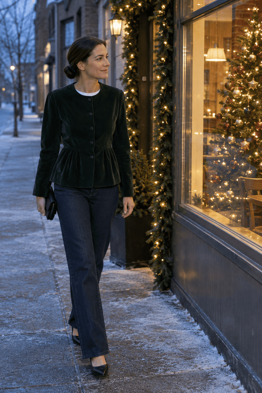 christmas drinks outfit for women over 40: hunter green velvet jacket over a white tee with dark straight-leg jeans and pointed black flats