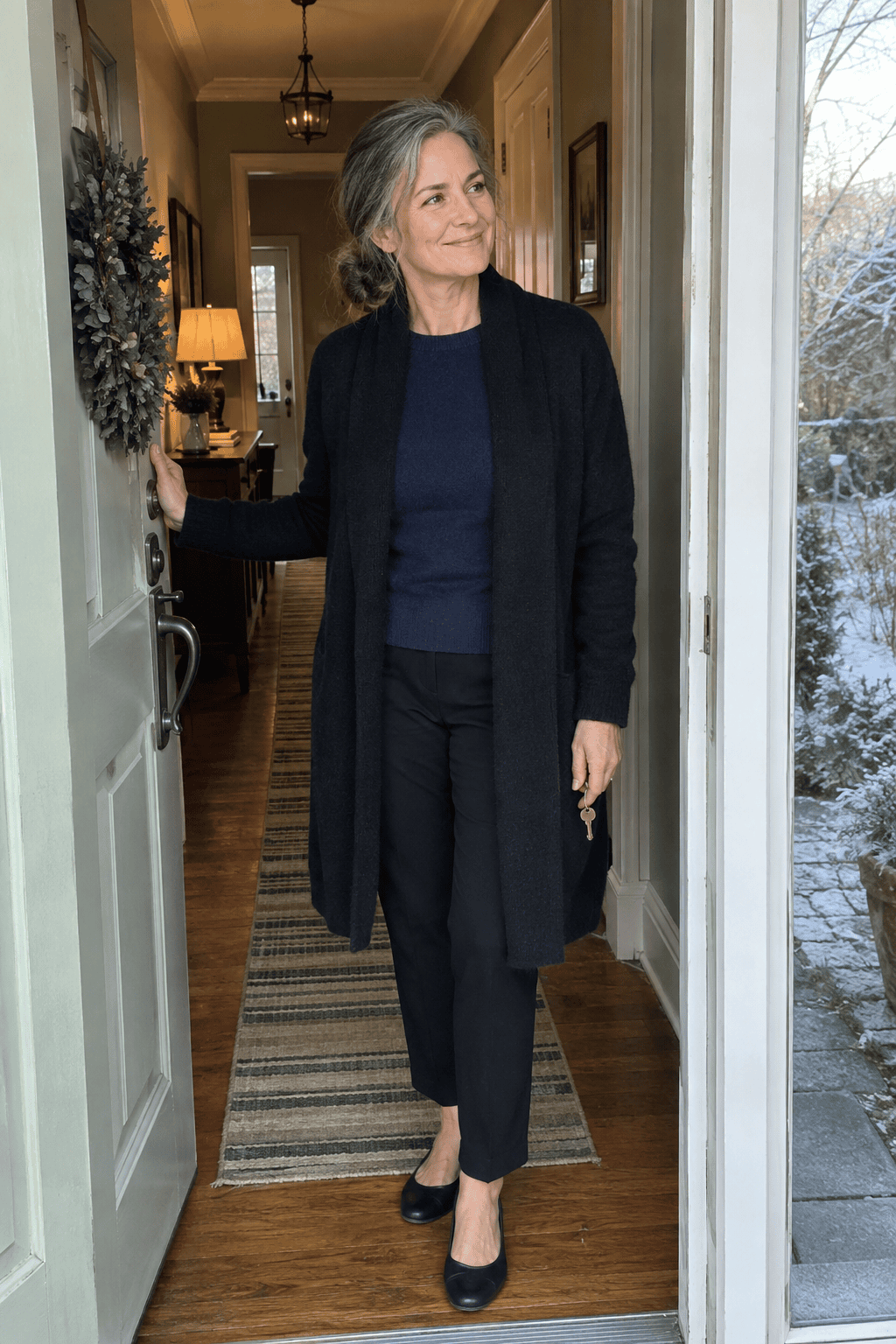 at-home winter outfit for women over 60: long black cashmere duster cardigan over a navy crewneck and black ponte pants