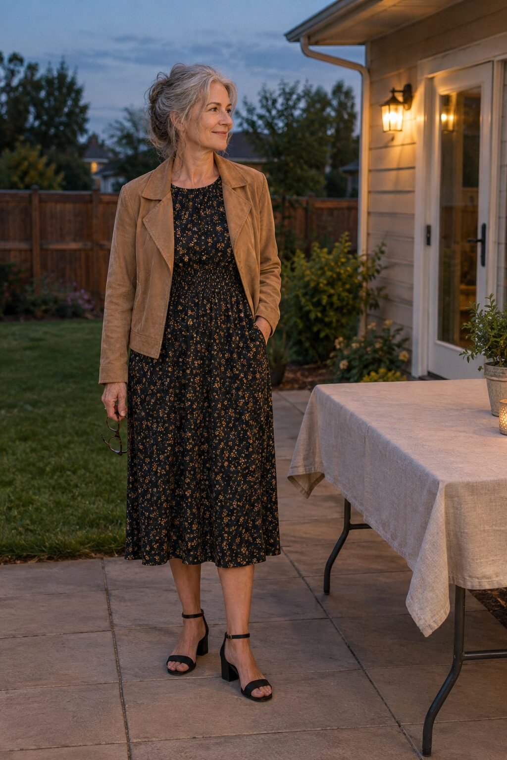 backyard rehearsal dinner outfit for the mother of the groom: black ditsy floral midi dress with a cropped camel faux suede jacket and black block-heel sandals