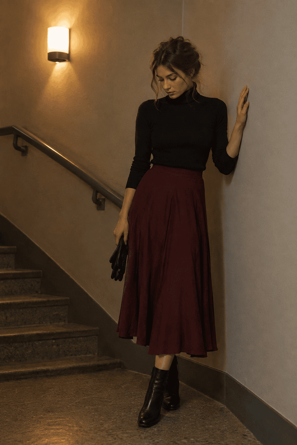 elegant outfit with clothes you already own: black fitted turtleneck tucked into a burgundy midi skirt with black leather ankle boots