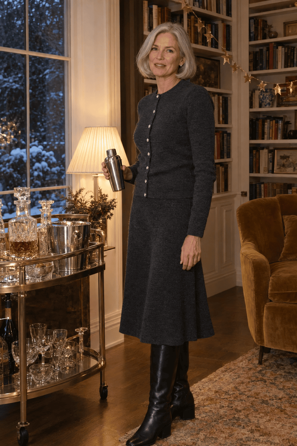 elegant new years eve outfit for a woman over 60: charcoal cashmere cardigan with jeweled buttons, charcoal cashmere midi skirt and black leather knee boots
