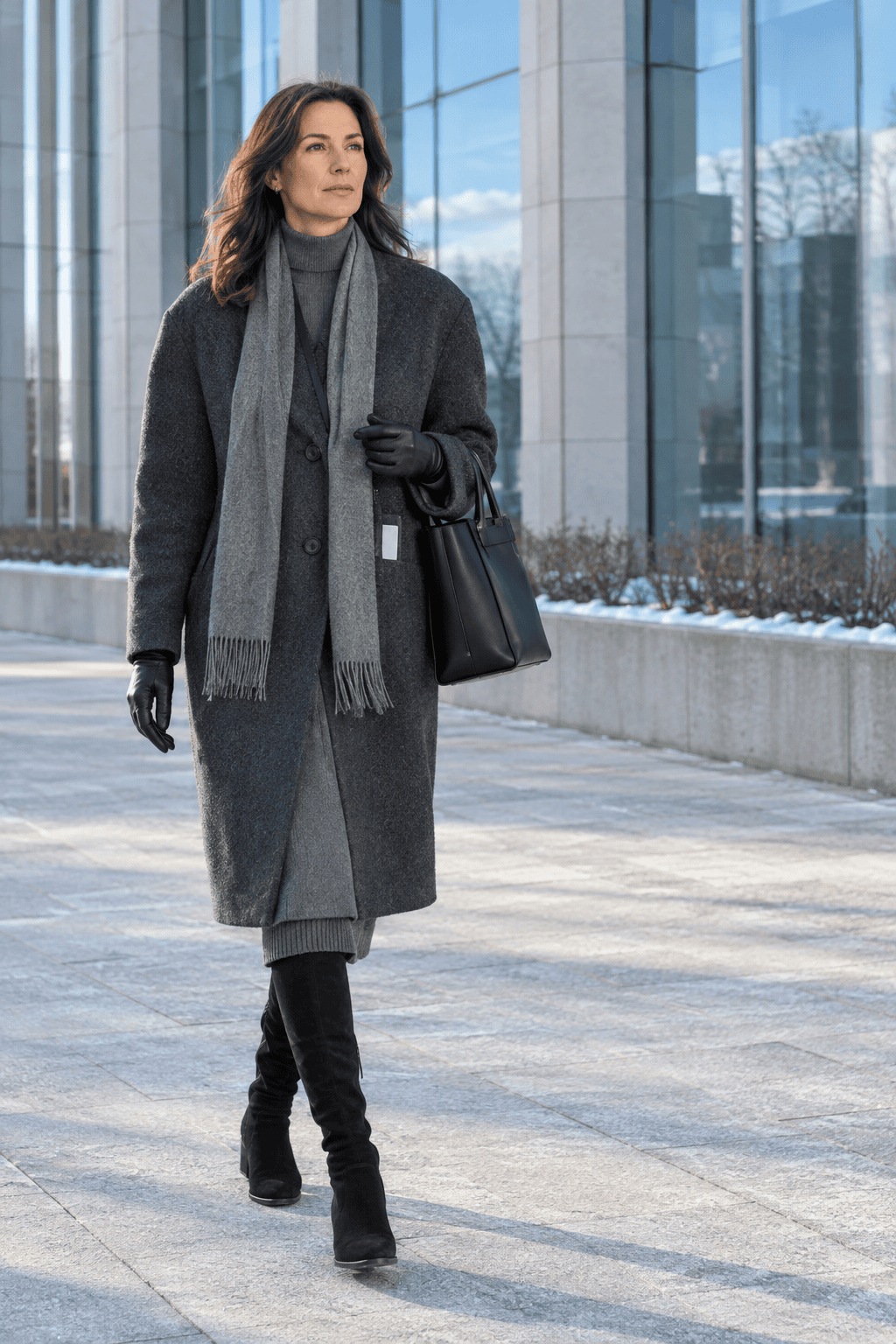 tonal grey winter office outfit: charcoal wool-cashmere cocoon coat, grey cashmere turtleneck, knit midi skirt and black over-the-knee boots