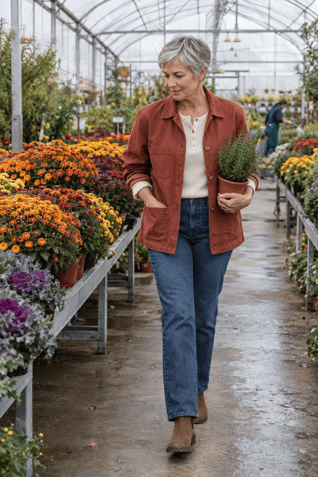 rust chore jacket over an off-white waffle henley with dark indigo straight jeans and tobacco suede Chelsea boots, casual garden-center outfit for women over 60