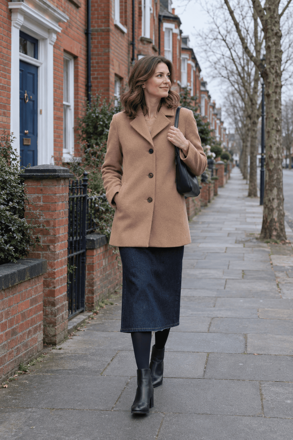 ankle boots with a denim midi skirt in winter: dark rinse denim midi skirt, camel wool car coat, black tights and black leather block-heel ankle boots
