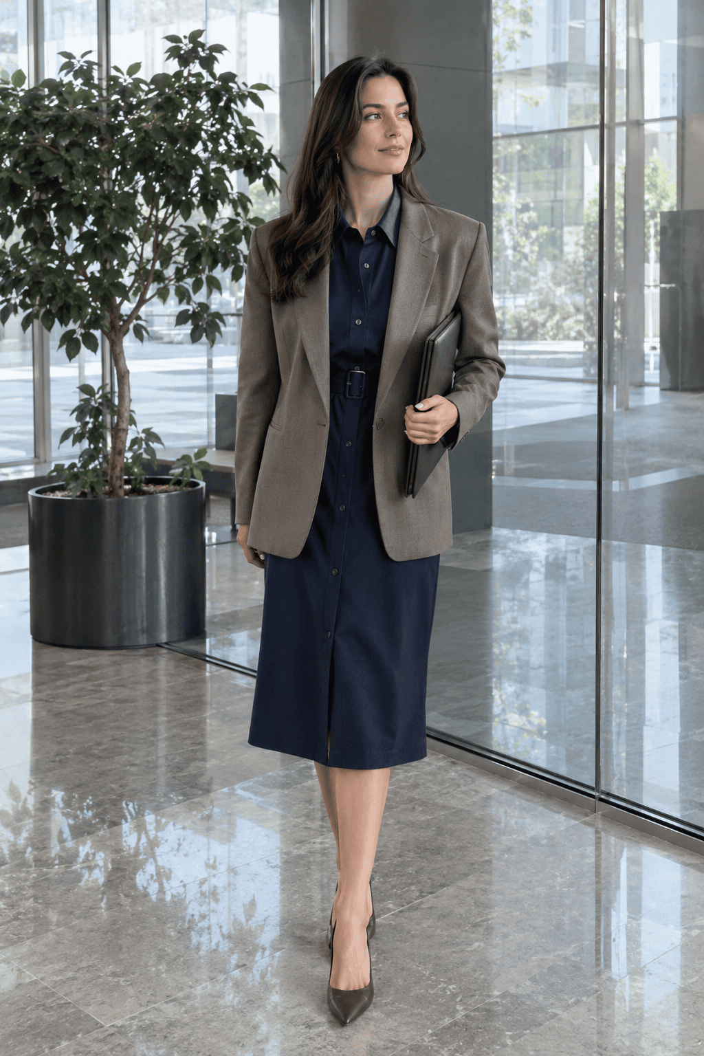 wrinkle resistant navy travel dress with an oversized deep taupe blazer for a work meeting