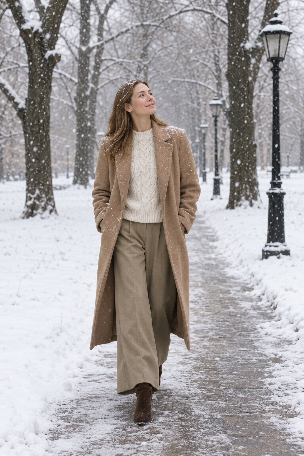 camel and ivory winter outfit: long camel coat, ivory cashmere fisherman sweater, khaki pleated wide-leg trousers and dark brown suede knee boots