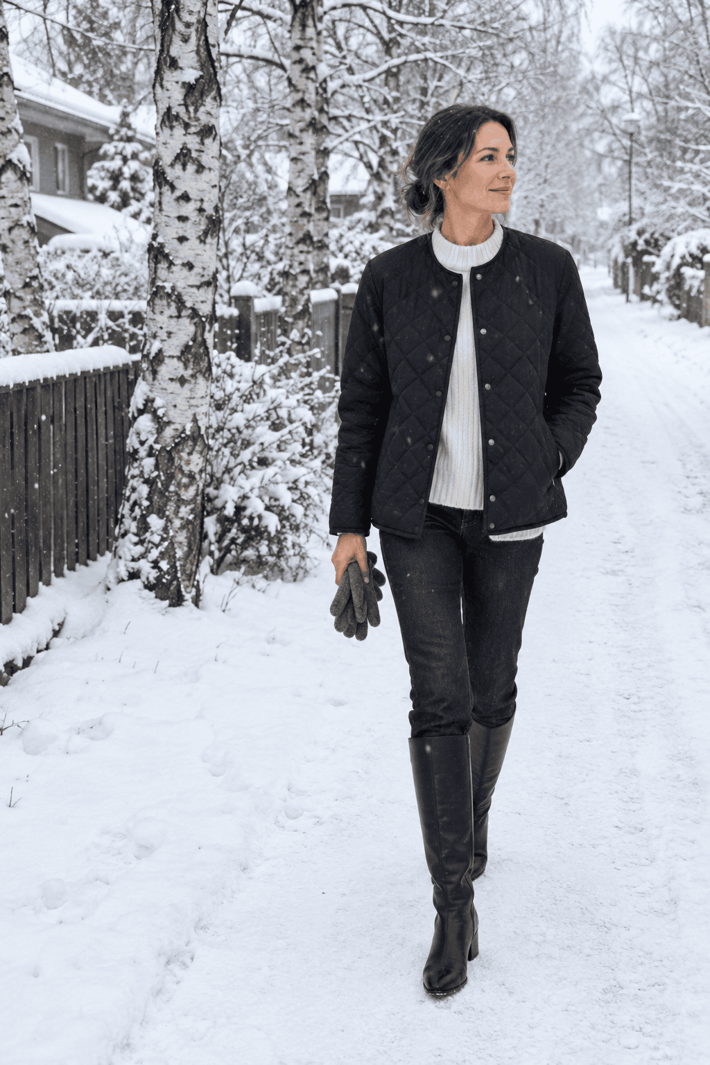 snowy winter outfit: black quilted jacket, ivory chunky ribbed sweater, dark jeans tucked into black leather knee boots