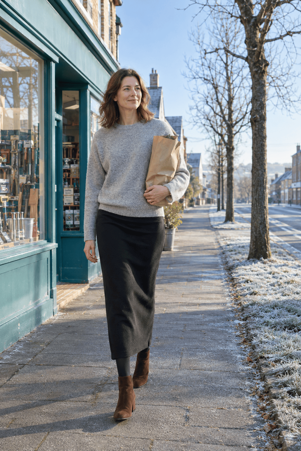 long skirt winter outfit for weekend errands: black ponte maxi skirt with a light grey cashmere crewneck, black lined tights and chocolate suede ankle boots