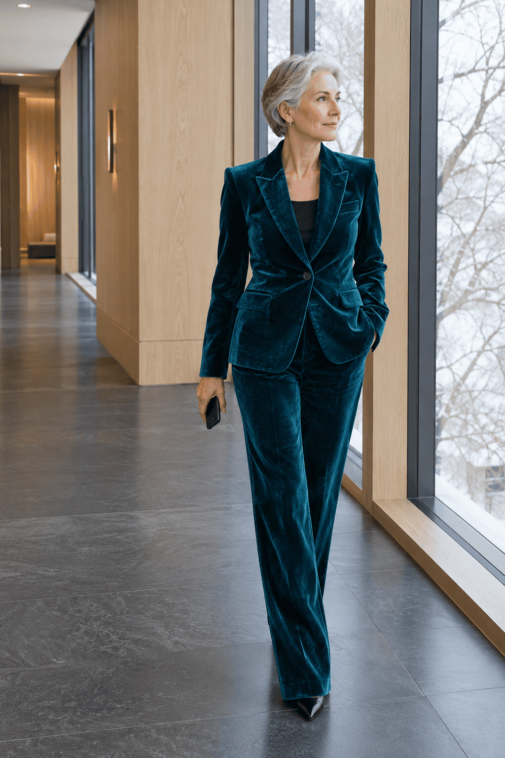mother of the bride city hotel winter wedding outfit: deep teal velvet hip-length blazer with matching full-length velvet trousers and black leather pointed pumps