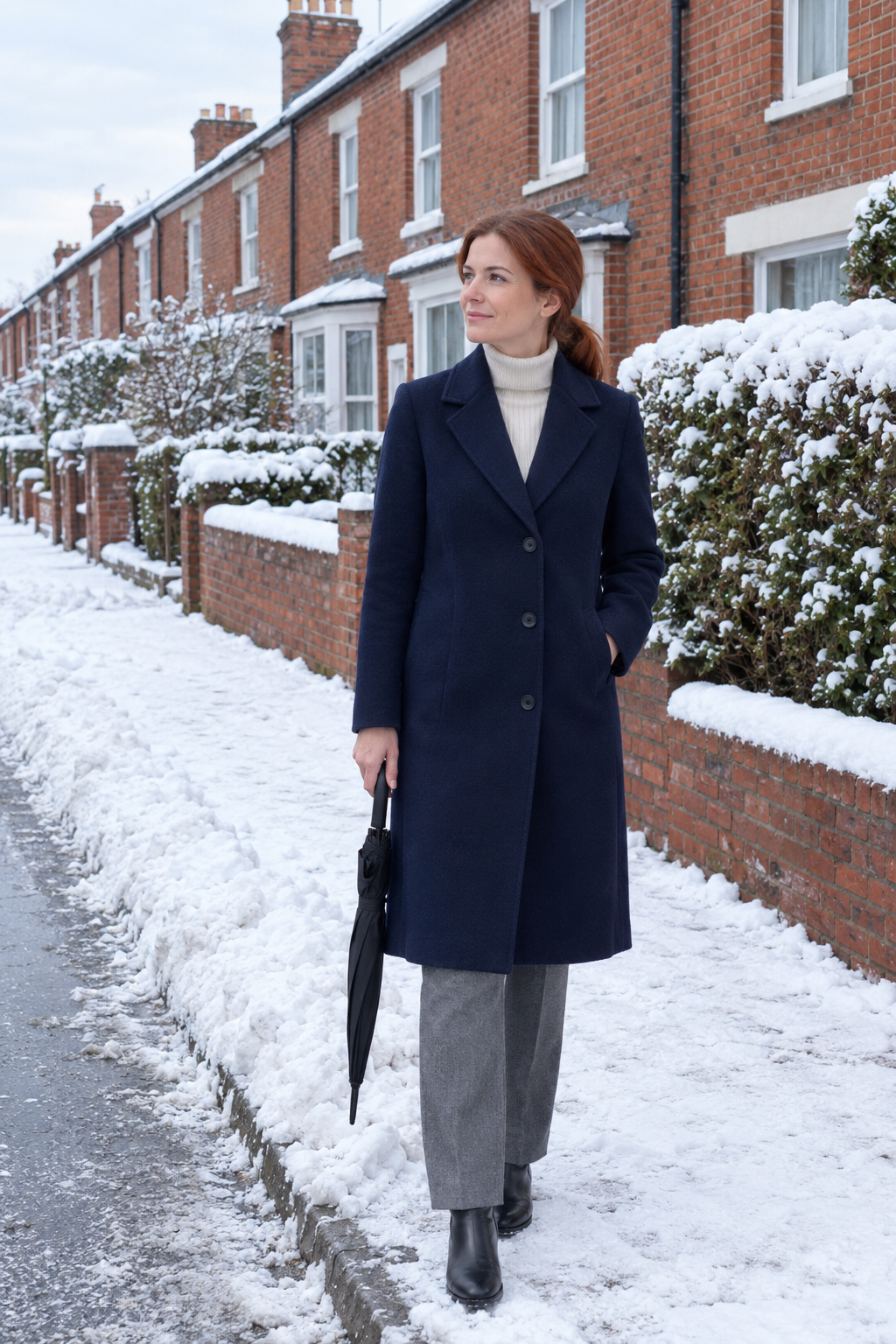 warm winter coat that isn't bulky: woman in a navy double-faced wool topcoat with a straight tailored line on a snowy pavement