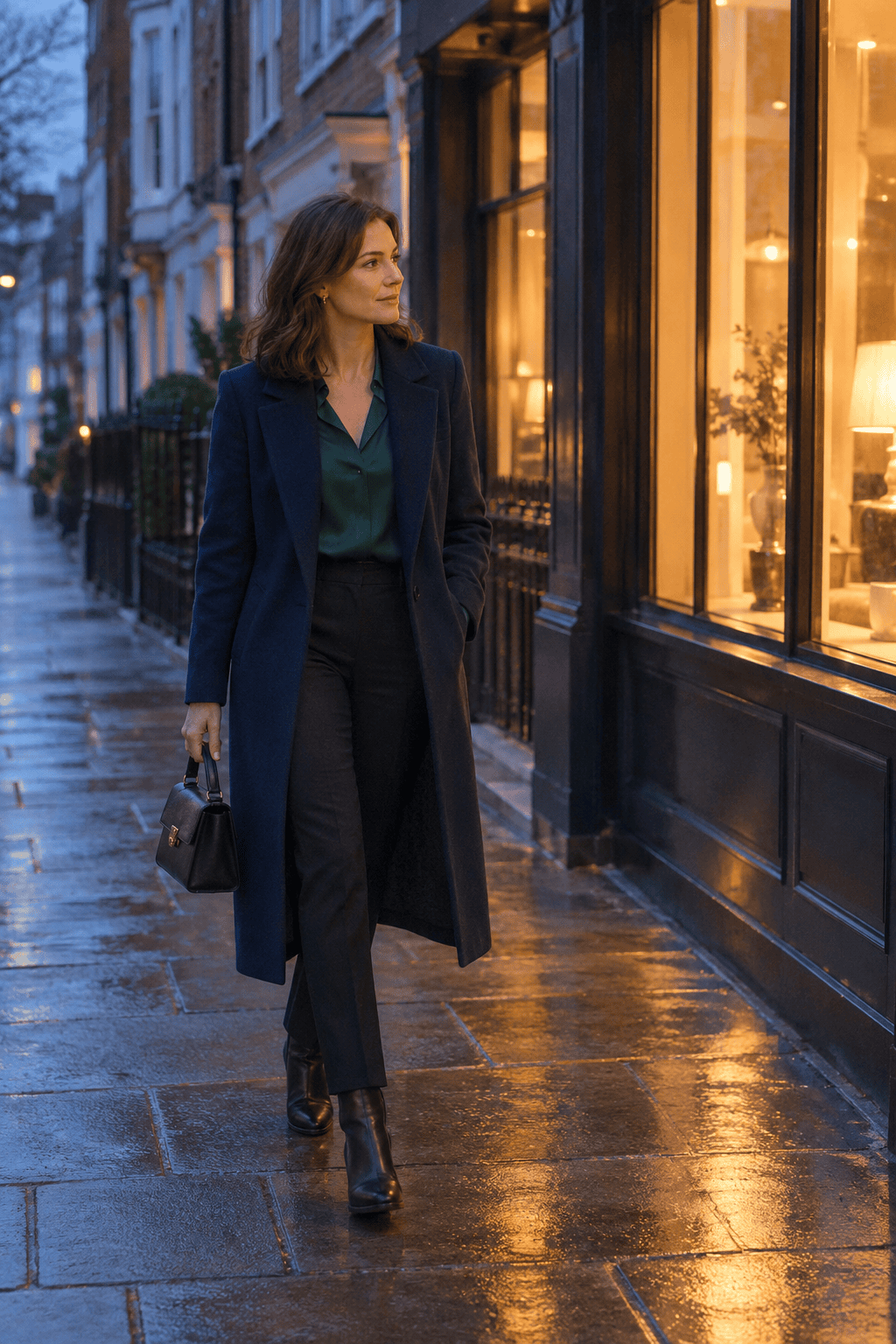 what to wear in London in winter for a theater evening: navy wool topcoat, forest green silk blouse, black trousers and black block-heel ankle boots