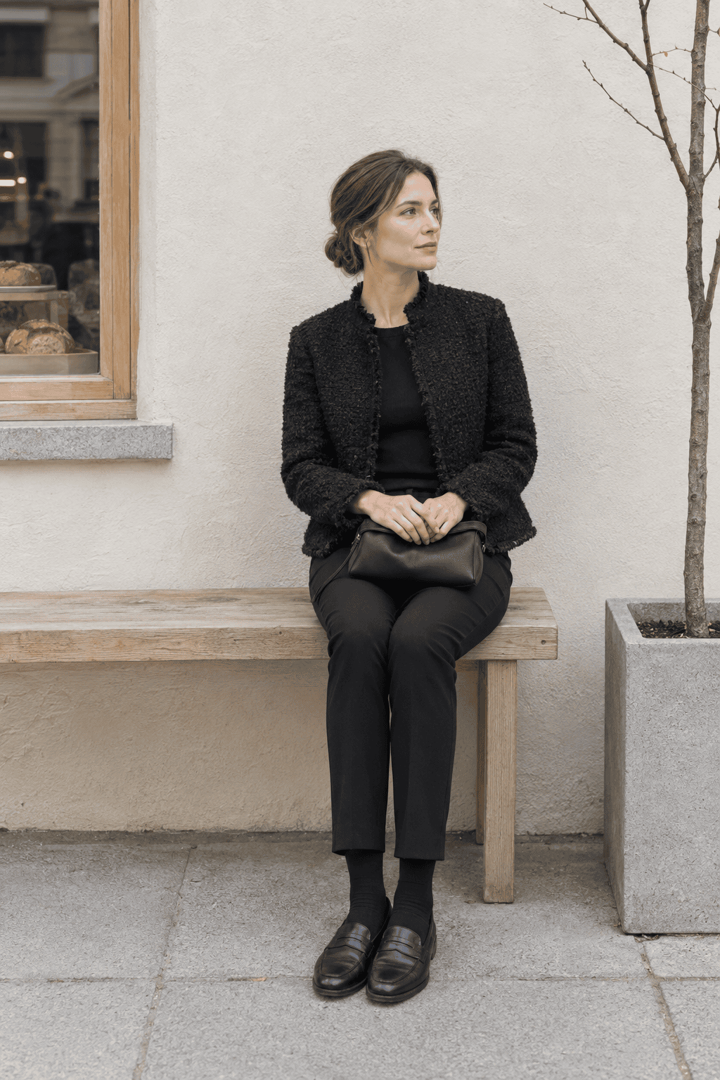 all black winter brunch outfit that looks expensive: black boucle jacket, black cashmere crewneck, black straight trousers and black penny loafers