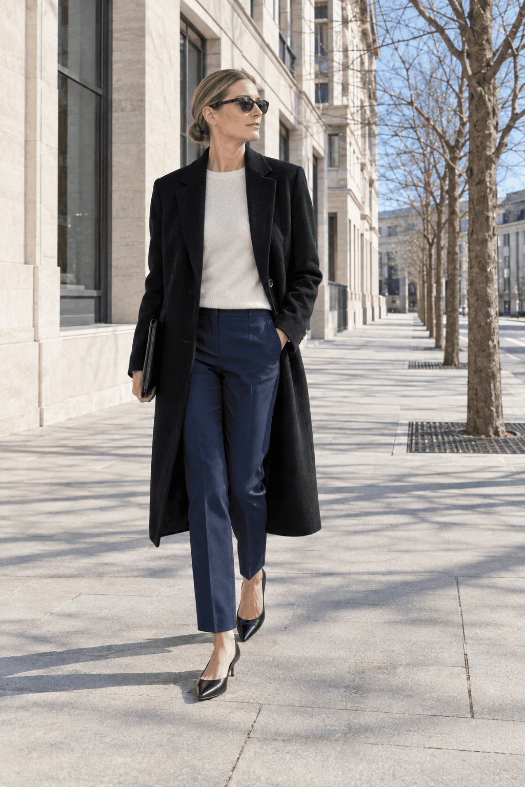 long black coat outfit with navy trousers: tailored black coat worn open over an ivory knit, slim navy straight-leg trousers and black kitten-heel pumps