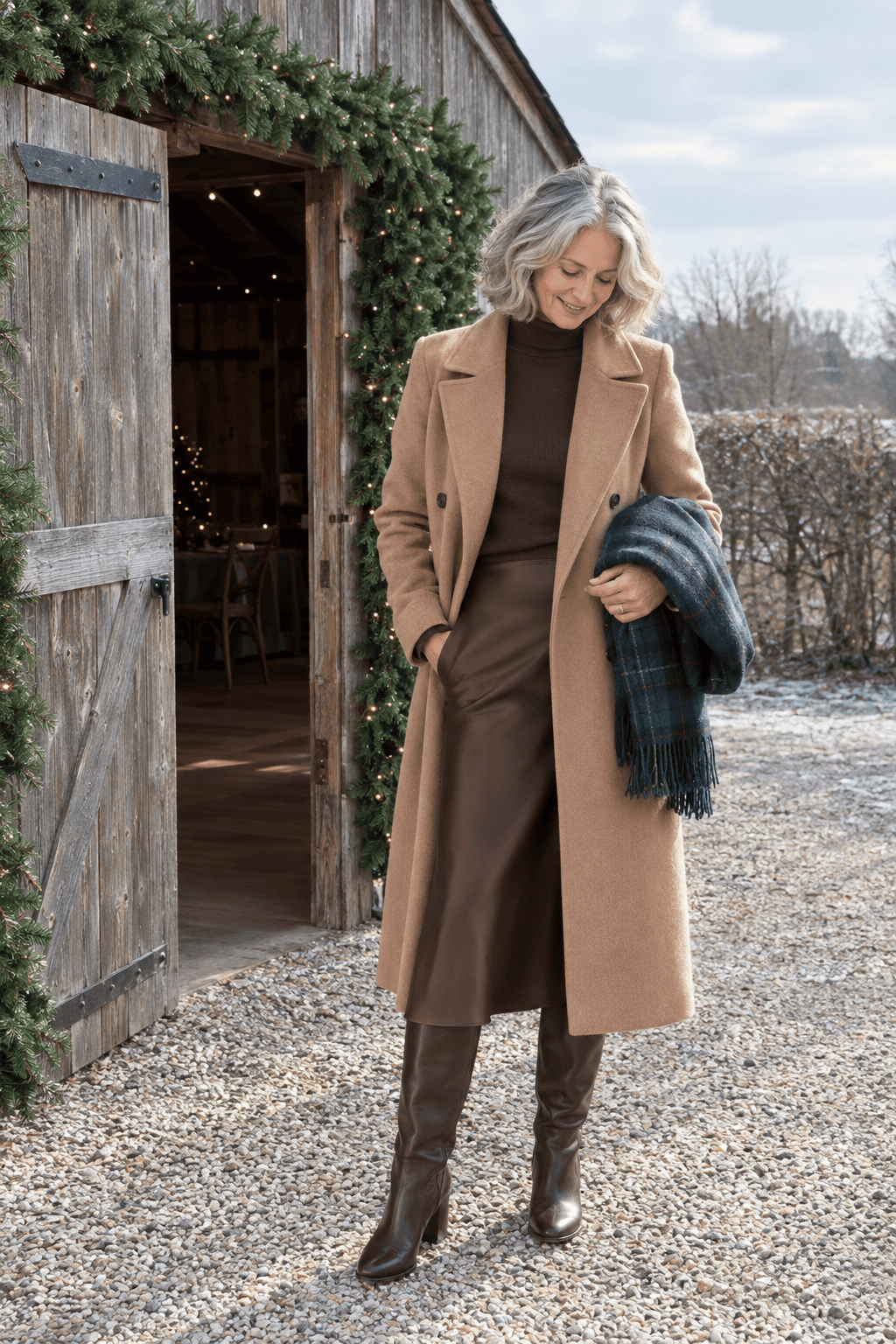 winter wedding guest outfit for women over 50: espresso cashmere turtleneck, chocolate silk midi skirt, long camel double-breasted coat and dark brown leather knee boots
