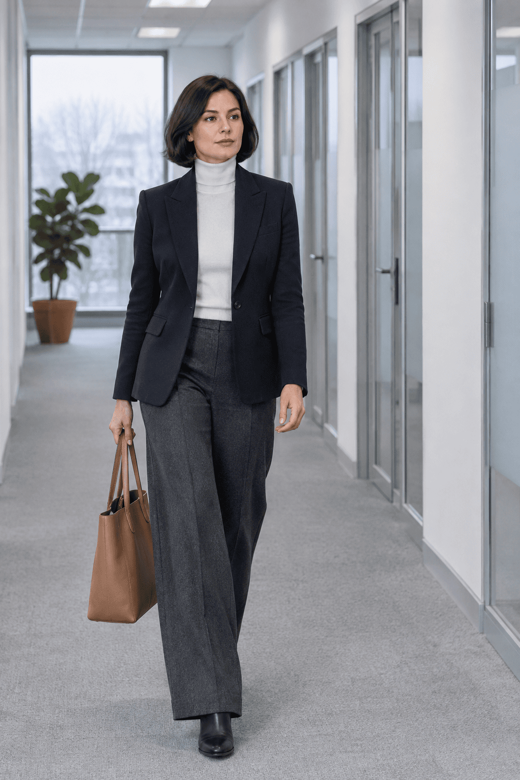 parent-teacher conference winter outfit: navy wool blazer, ivory merino turtleneck, dark grey wide-leg ponte trousers and black block-heel ankle boots