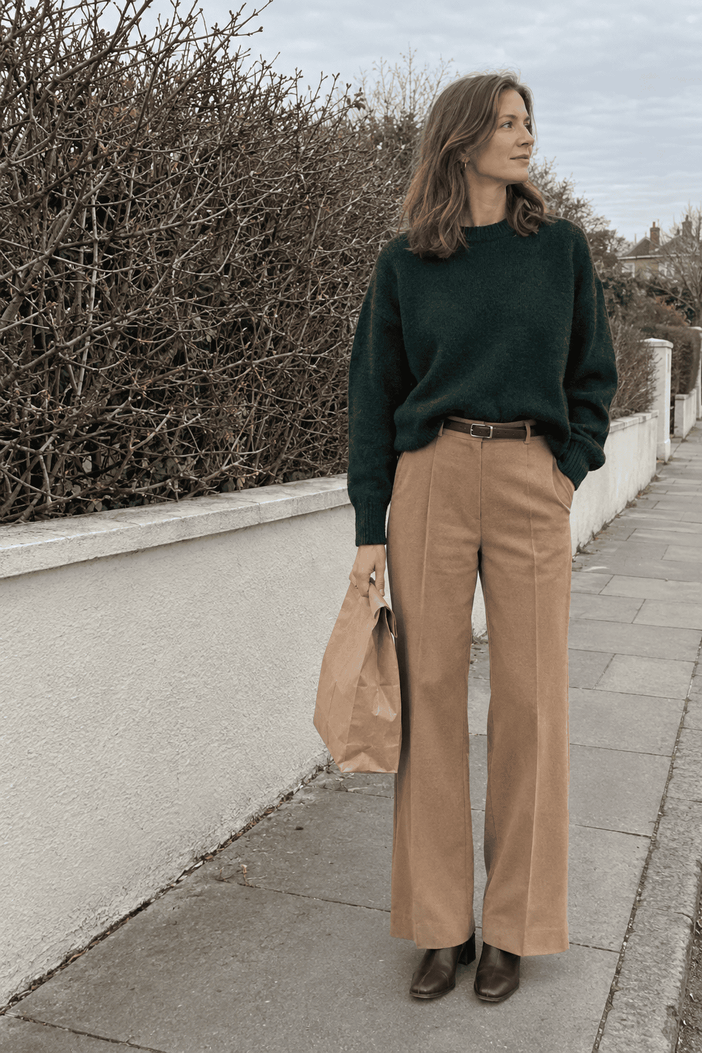 old money winter color combination forest green and camel: forest green wool crewneck sweater, camel wide-leg trousers and chocolate leather ankle boots