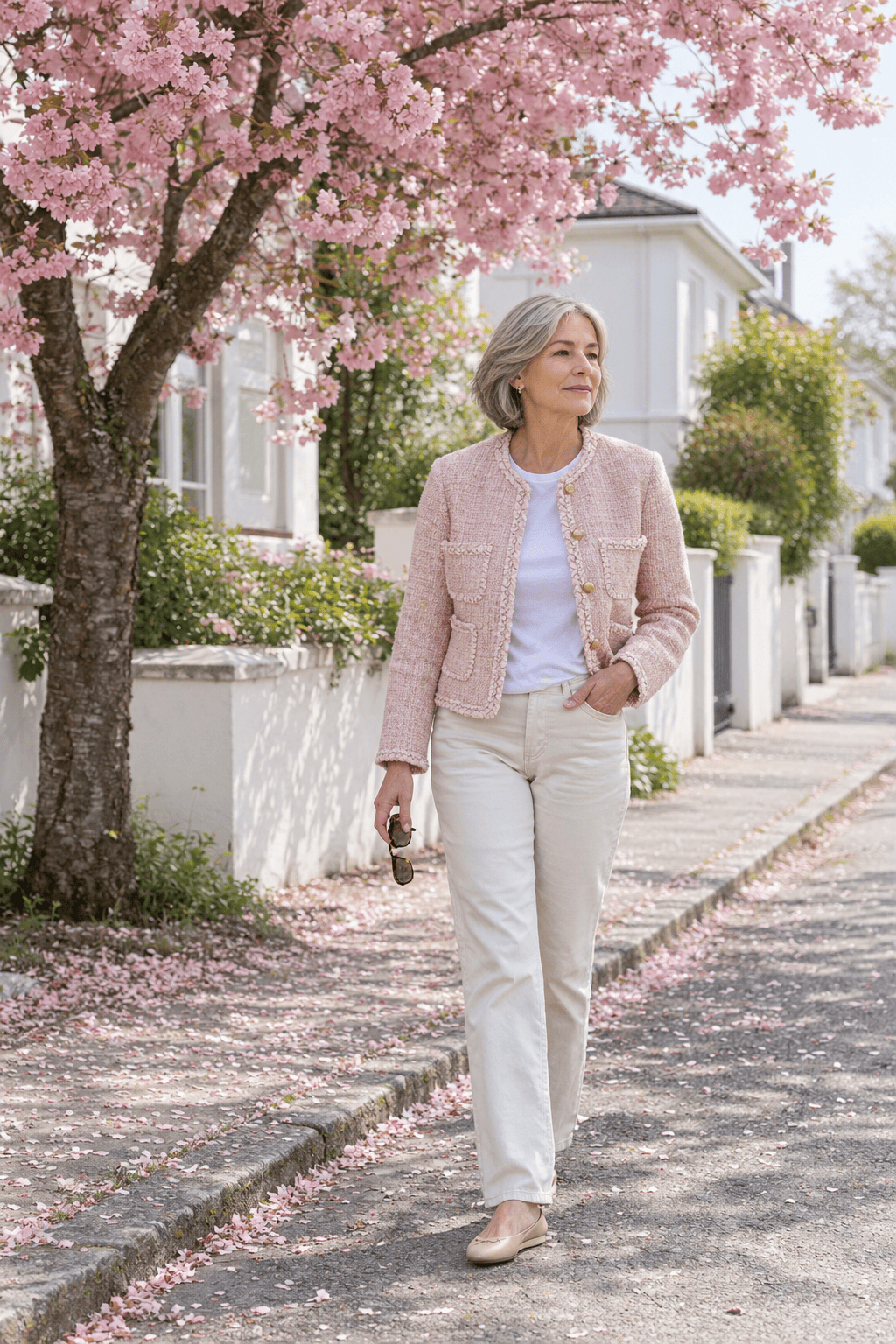 spring brunch outfit for women over 60: pale blush collarless tweed jacket over a white tee with ecru straight jeans and beige leather ballet flats